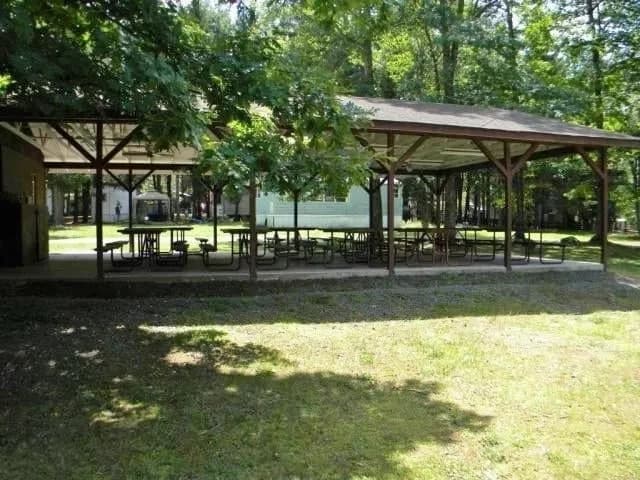 Outdoor community pavilion with picnic tables